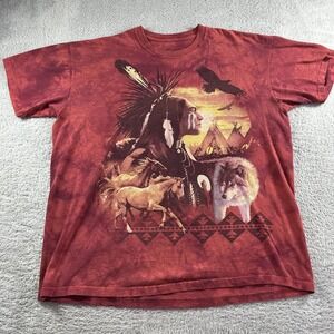 Native American Nature The Mountain Shirt Mens XL Red Tie Dye AOP‎ Tribal Wolf